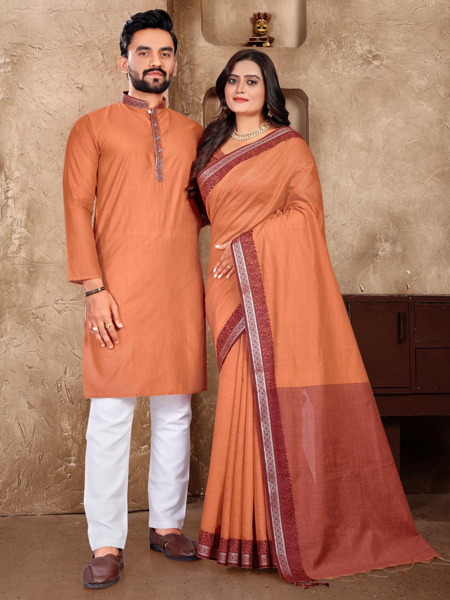 Elegant Couple Set – Linen Silk Saree & Kurta Combo for Special Occasions
