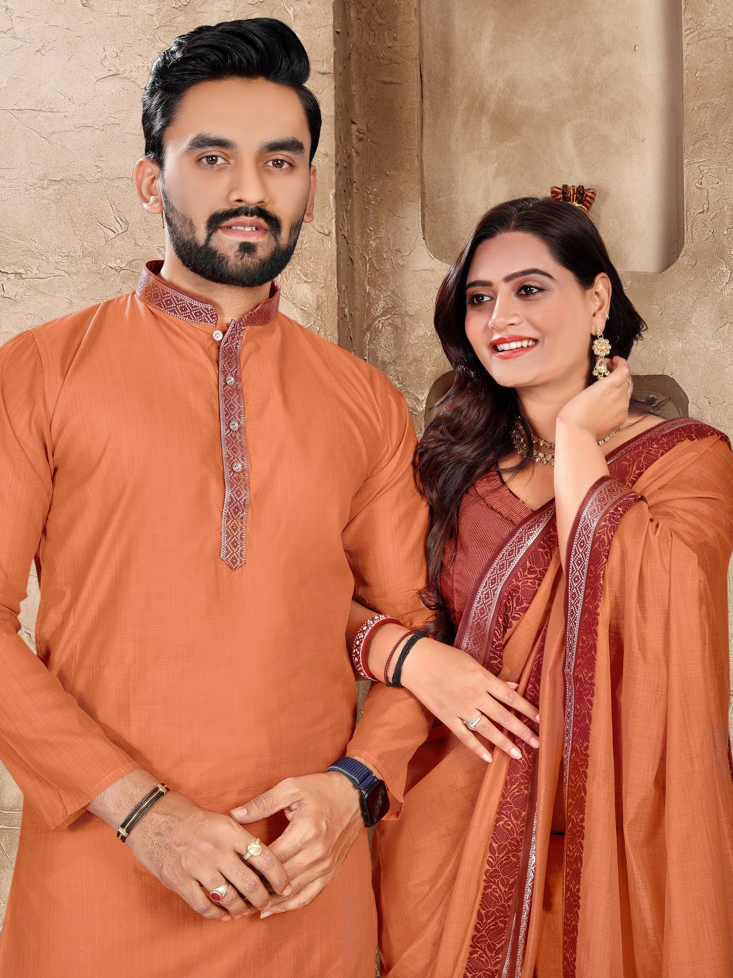 Elegant Couple Set – Linen Silk Saree & Kurta Combo for Special Occasions