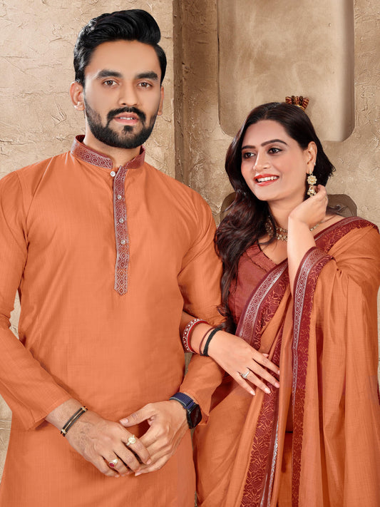 Elegant Couple Set – Linen Silk Saree & Kurta Combo for Special Occasions