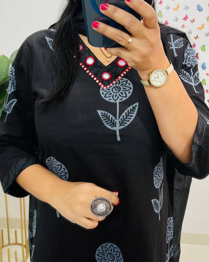 Pure Cotton Embroidery Kurti - with Cottan Pant & Dupatta