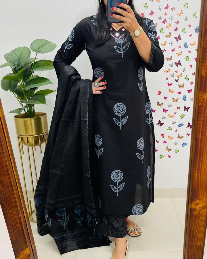 Pure Cotton Embroidery Kurti - with Cottan Pant & Dupatta