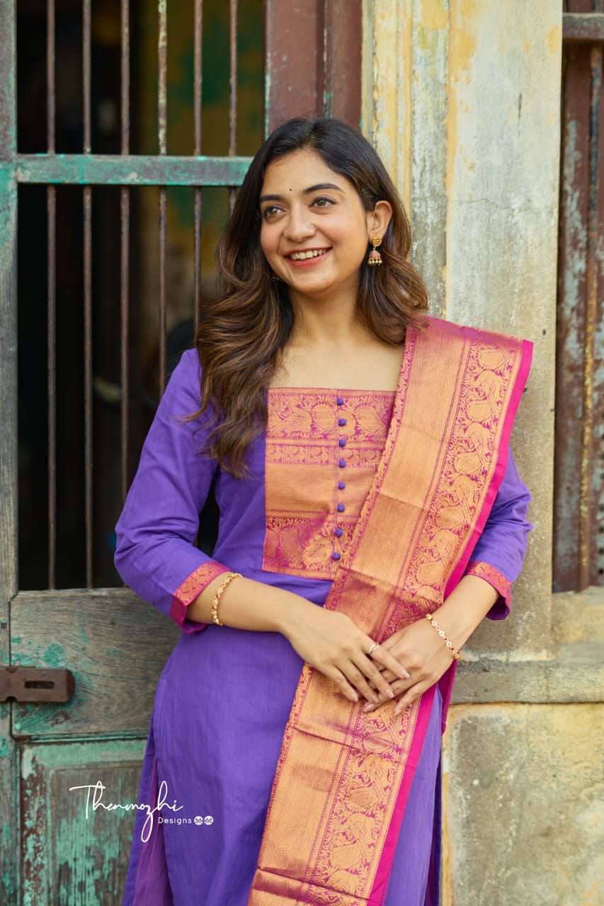 Kanchi Cotton Co-Ord Set in Royal Purple & Golden Beige Variants.