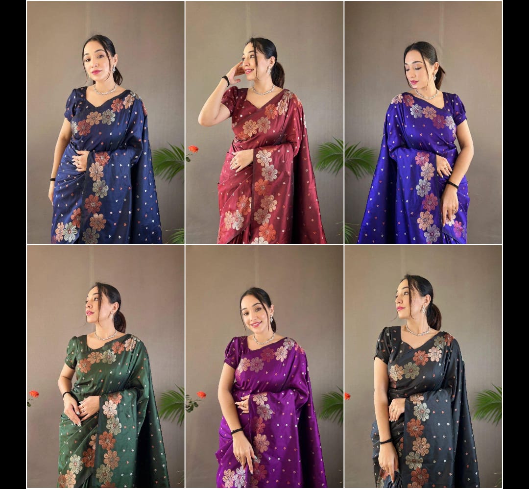Elegant Floral Lichi Silk Saree with Matching Blouse Piece.