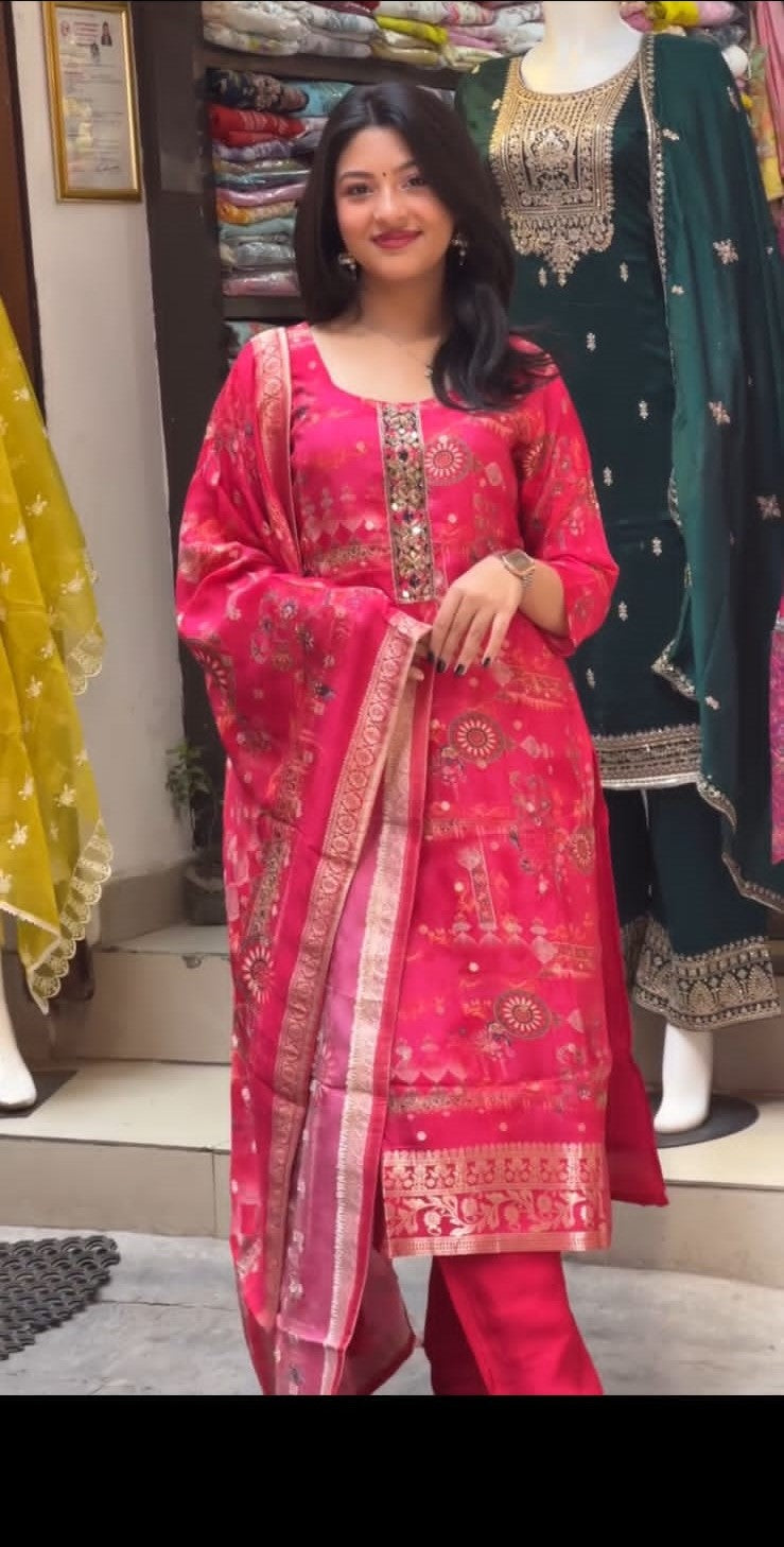 Crimson Red Silk Kurti Set with Golden Embellishments.