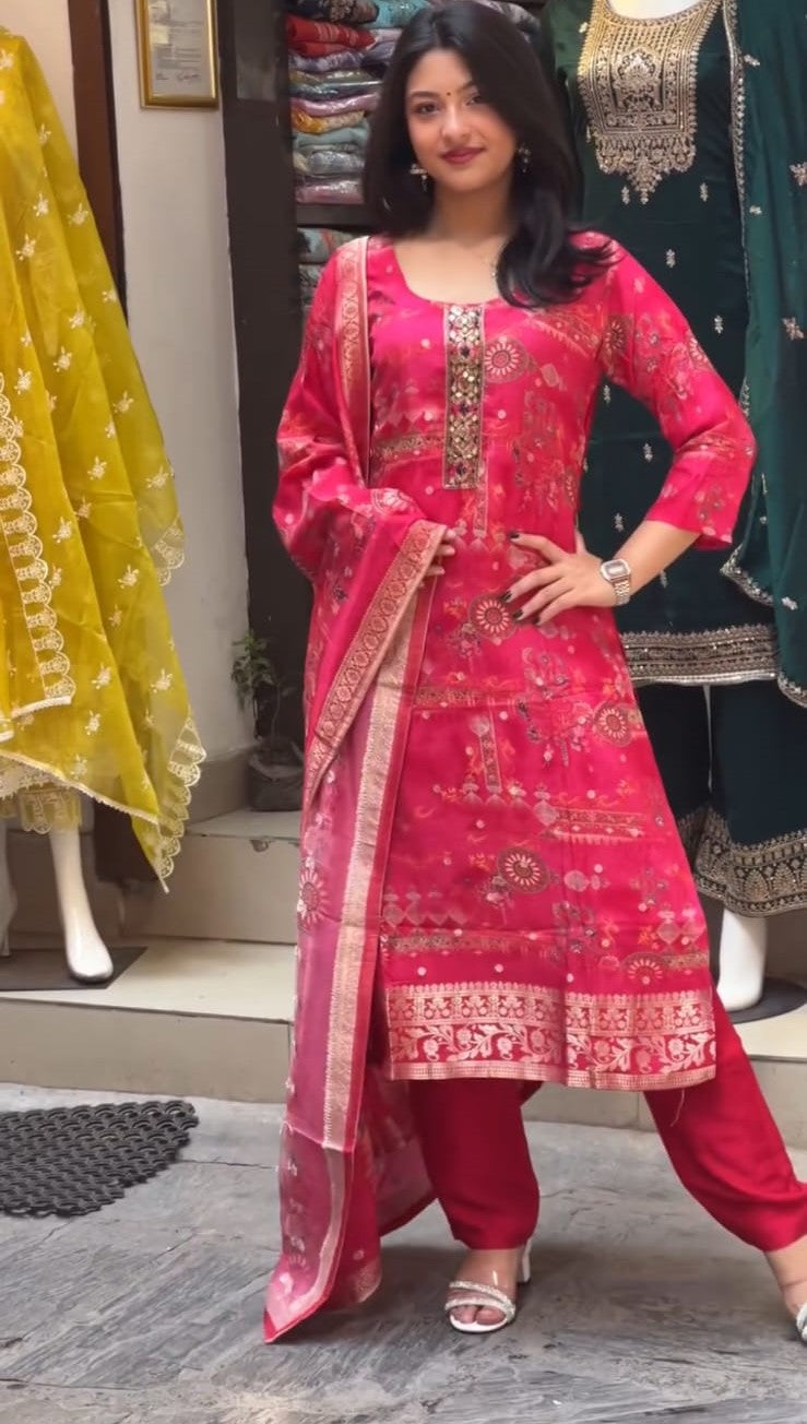 Crimson Red Silk Kurti Set with Golden Embellishments.