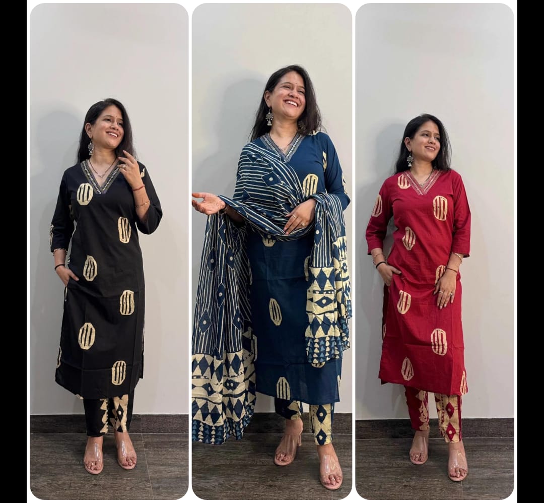 Hand-Block Printed Cotton Kurti Set with Embroidered Neckline & Coordinated Dupatta.