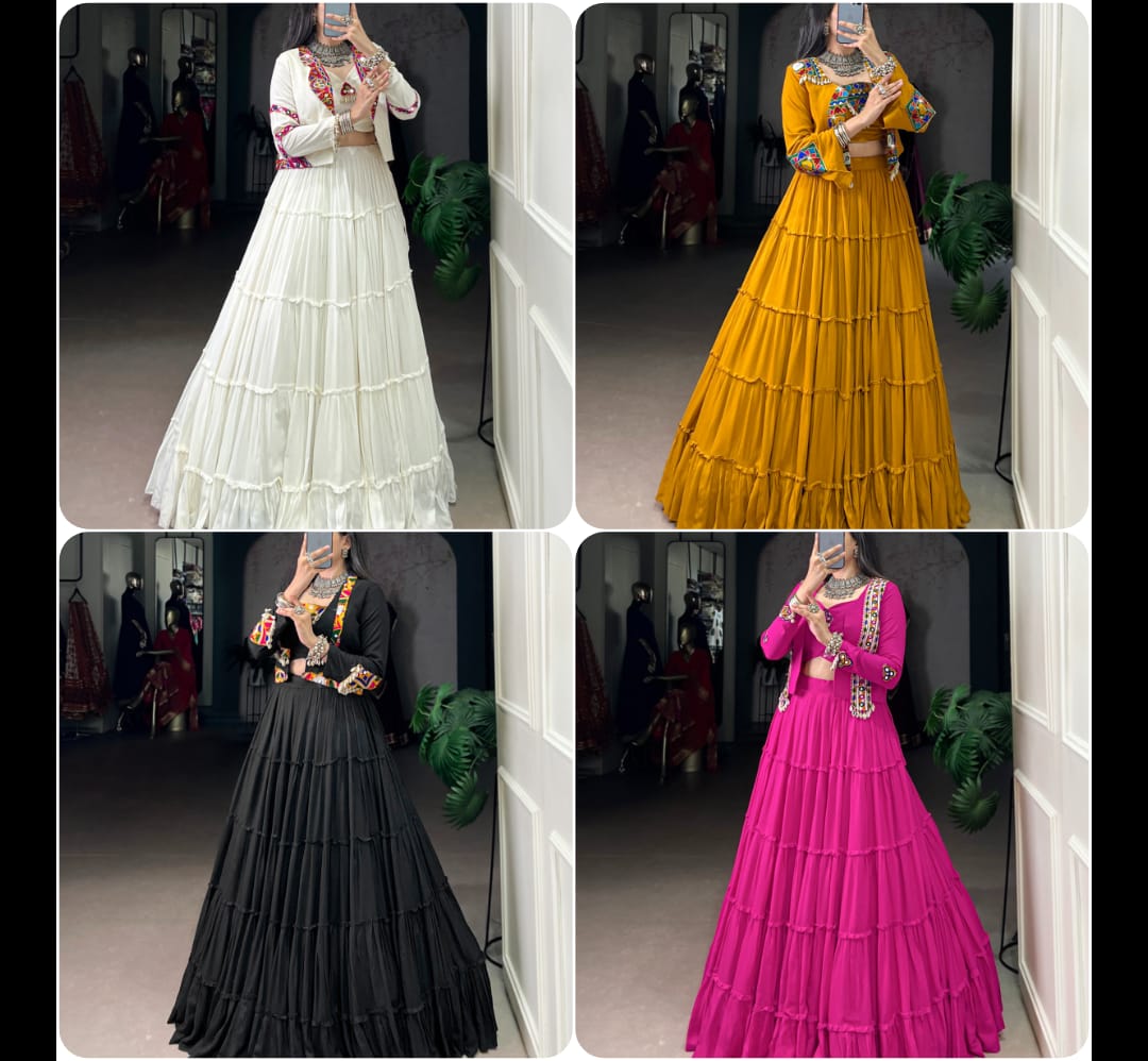 Navratri Special Pure Rayon Lehenga Choli Set with Mirror Gamathi & Cowrie Lace Work.