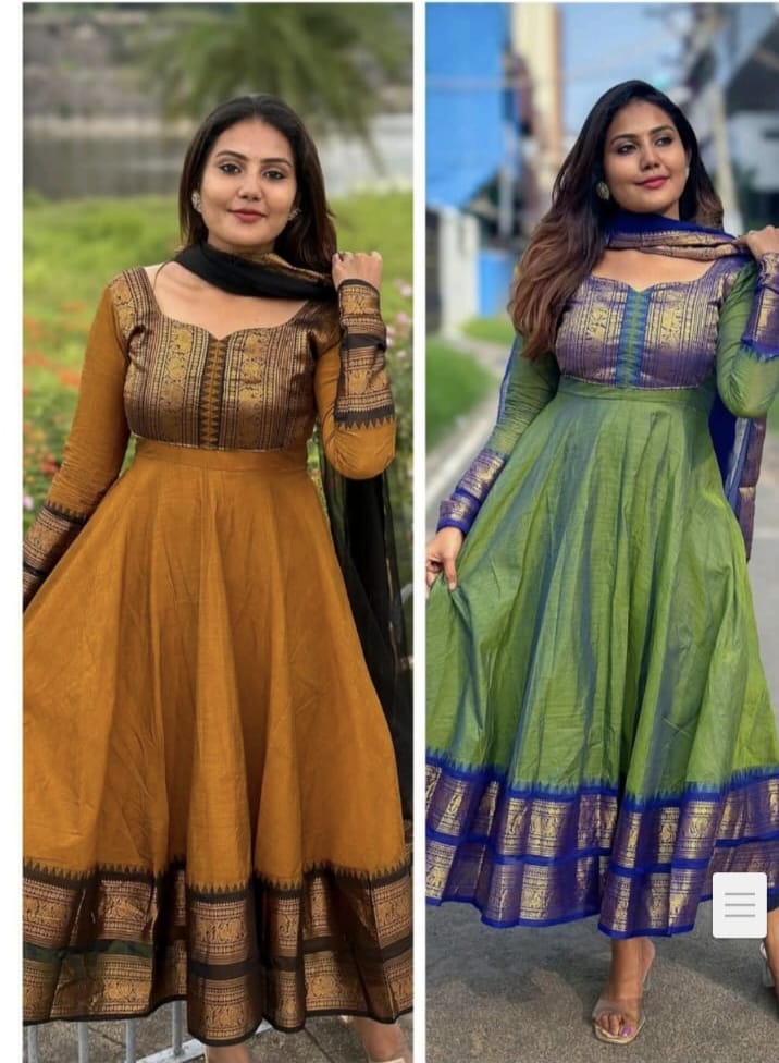 Pure Chanderi Flared Kurti Set with Cotton Lining.