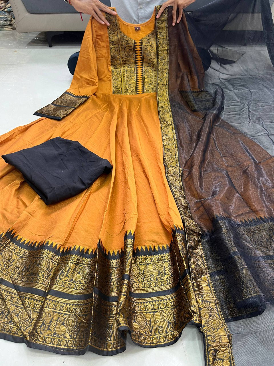 Pure Chanderi Flared Kurti Set with Cotton Lining.