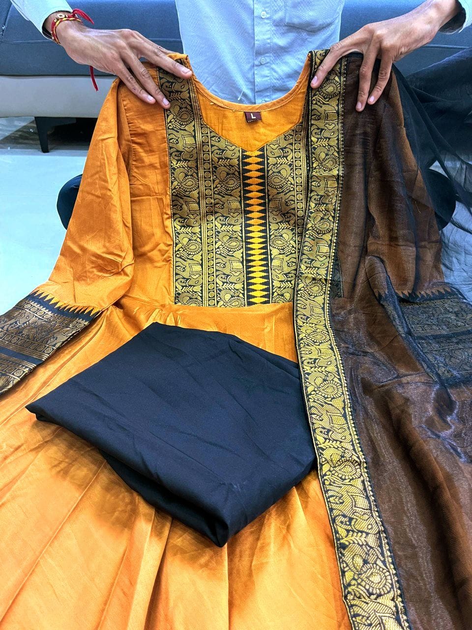 Pure Chanderi Flared Kurti Set with Cotton Lining.