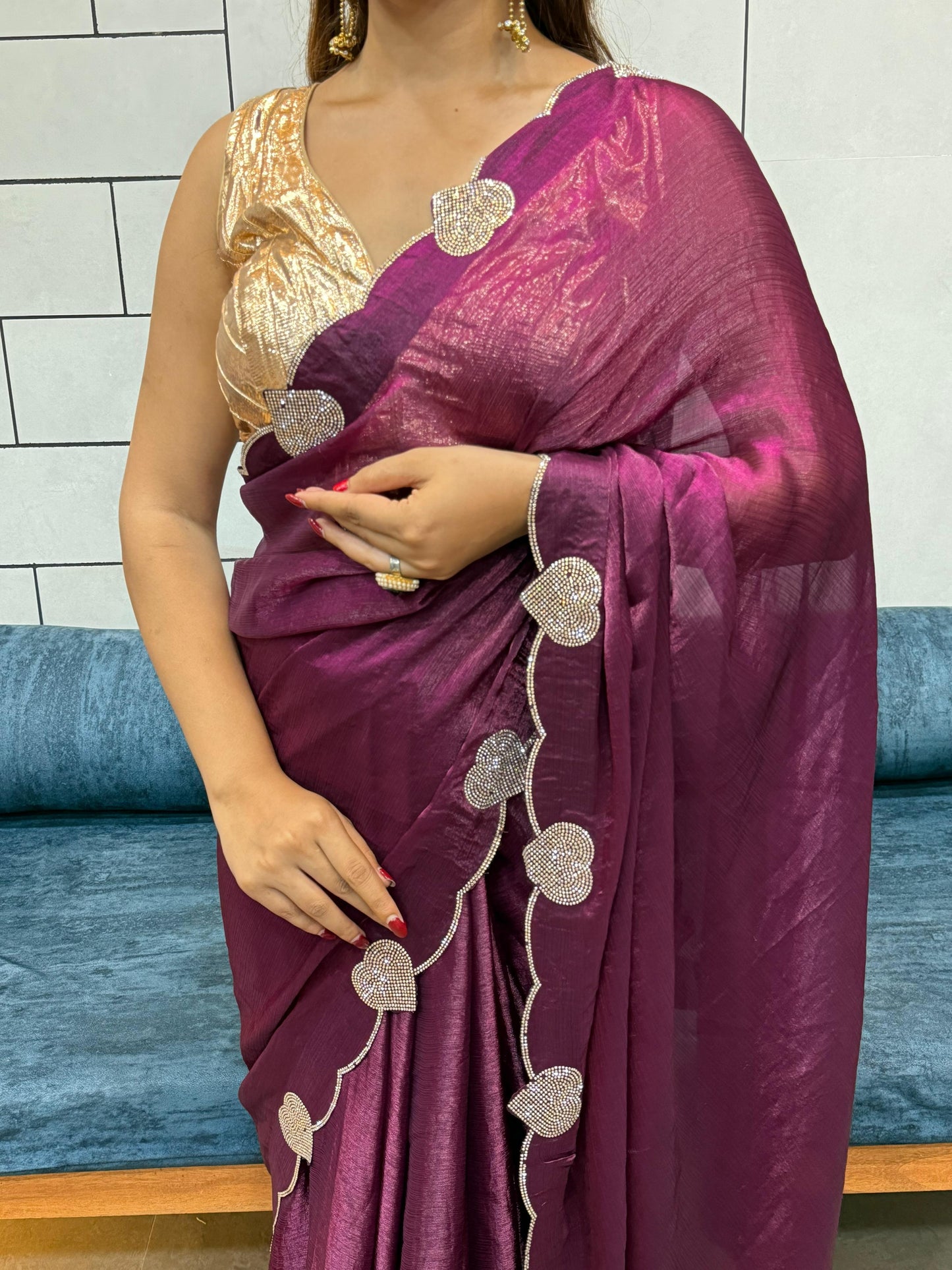 Celebrity Style Loving Heart Diamond Cut Work Saree
