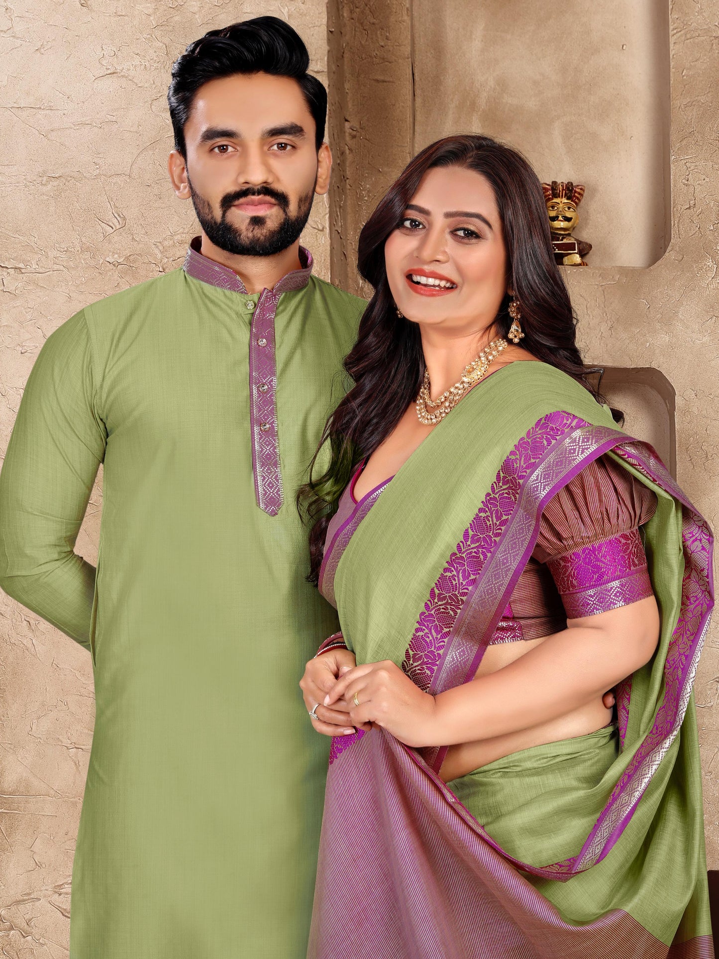 Elegant Couple Set – Linen Silk Saree & Kurta Combo for Special Occasions