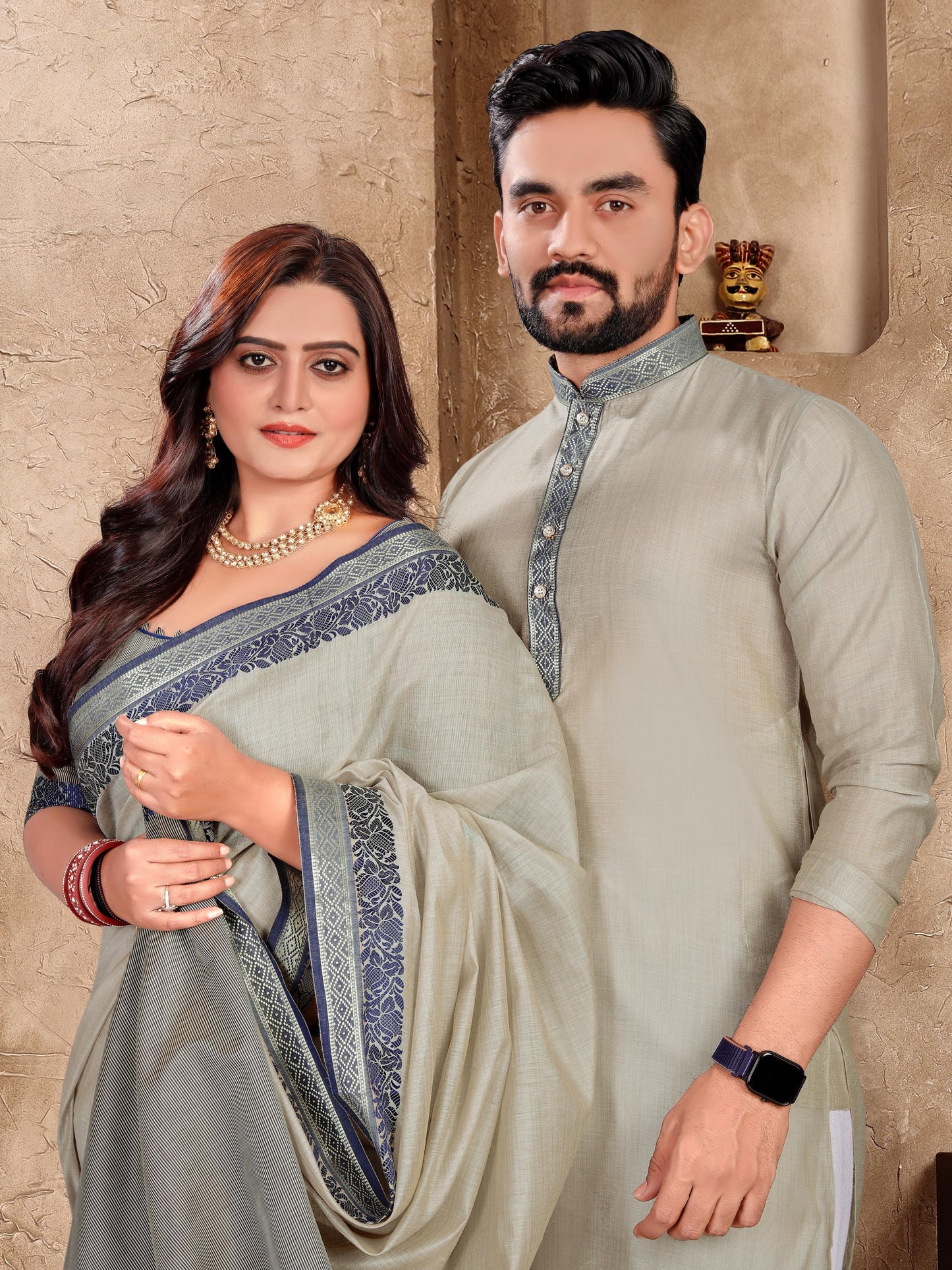Elegant Couple Set – Linen Silk Saree & Kurta Combo for Special Occasions