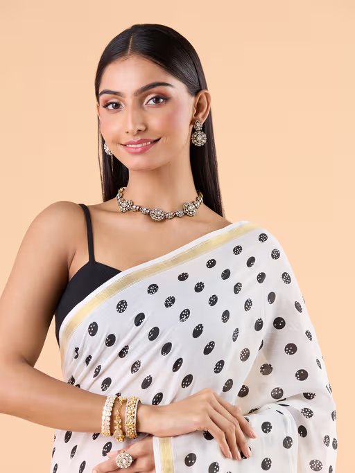 Viscose Saree with Black Dots and Golden Border