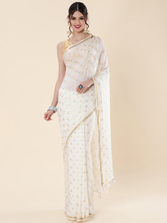 Viscose Saree with Golden Buti Dots and Elegant Golden Border