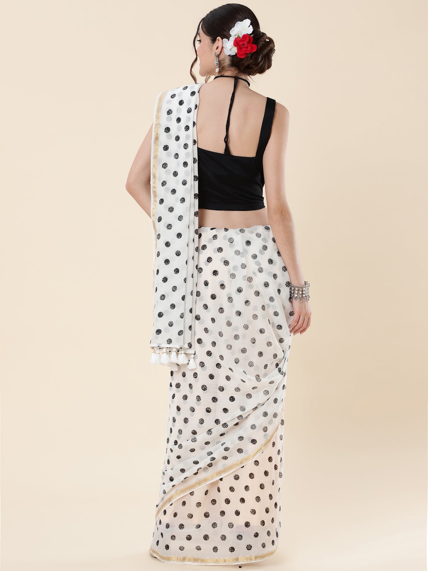 Viscose Saree with Black Dots and Golden Border