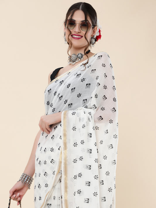 VISCOUS SAREE WITH BLACK DOTS DESIGNS AND GOLDEN BORDER FRAME