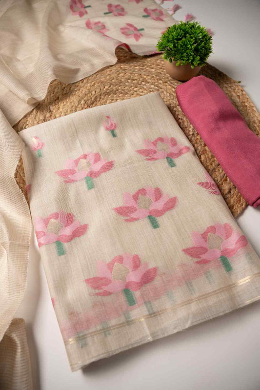 JAMDANI MUL COTTAN SILK 3piece Unstiched Suit- Top, Bottom & Dupatta