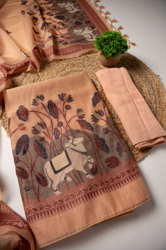 JAMDANI MUL COTTAN SILK 3piece Unstiched Suit- Top, Bottom & Dupatta