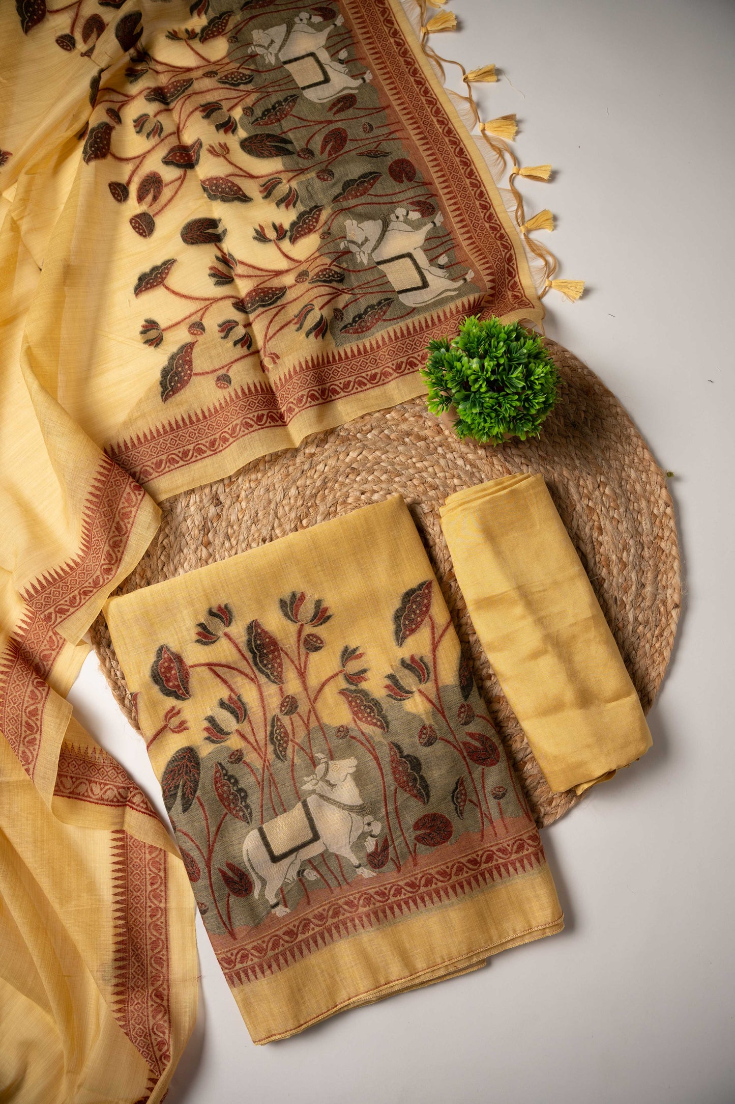 JAMDANI MUL COTTAN SILK 3piece Unstiched Suit- Top, Bottom & Dupatta