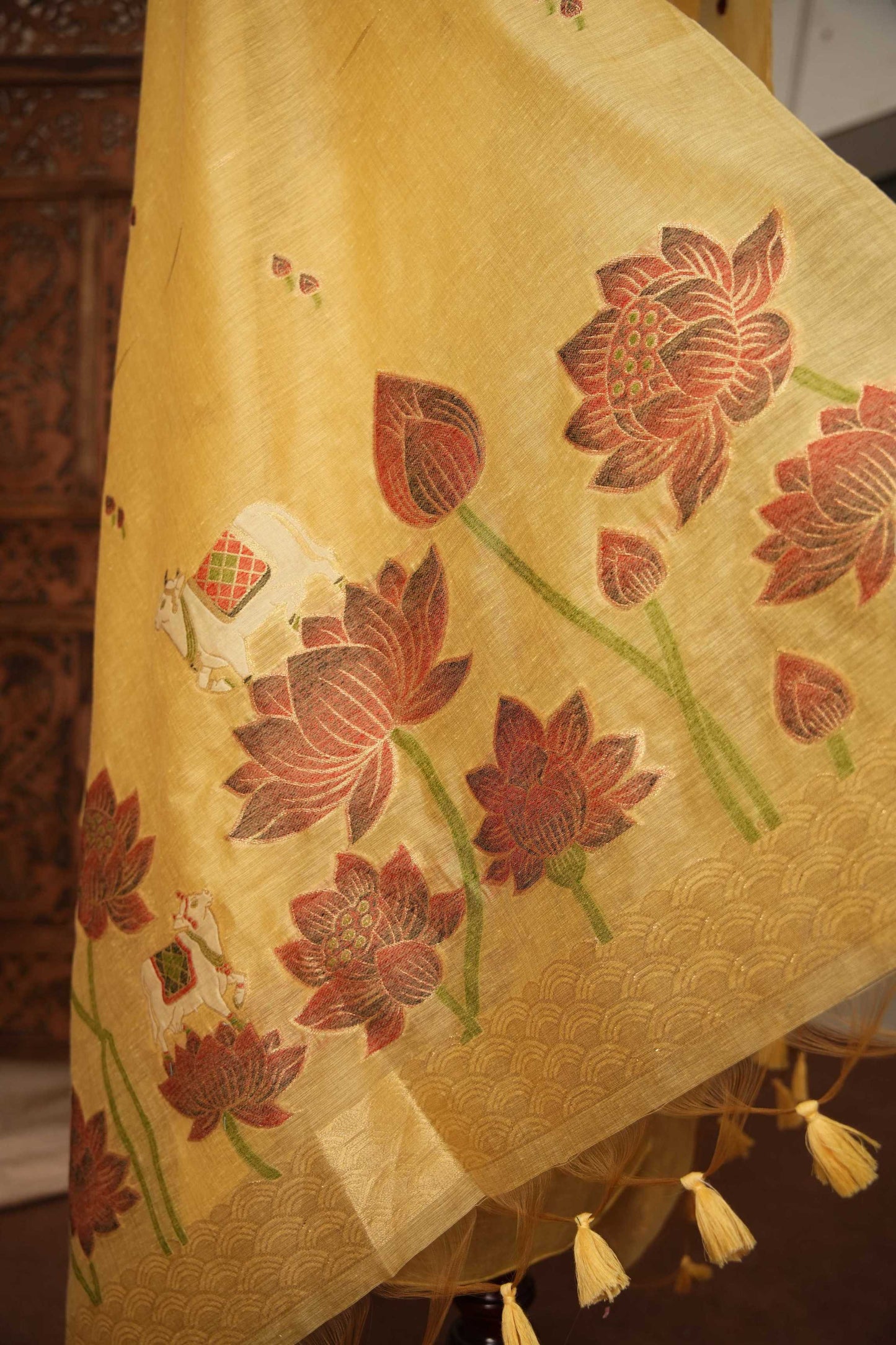 Jamdani Mul Cotton Silk 3 Piece Unstitched Suit – Beige & Yellow