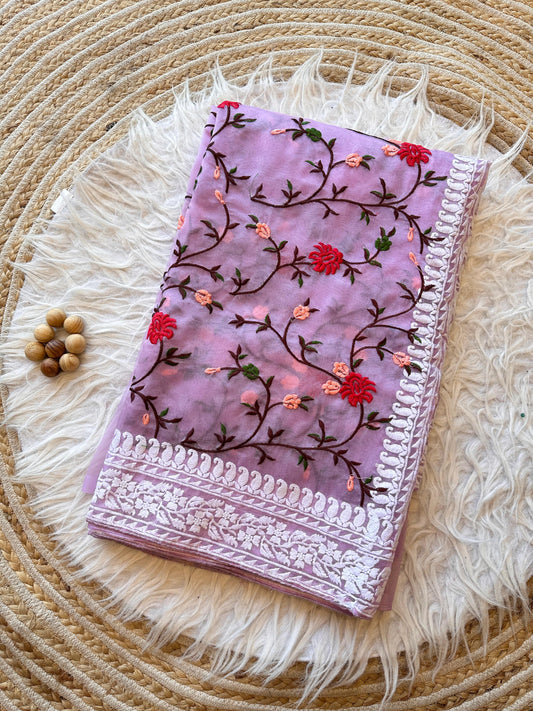 Organza Silk Saree with Chikankari Work