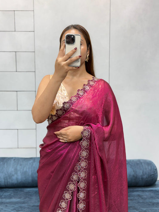 Flower Port Cut Dana Diamond Panel Work Tissue Saree