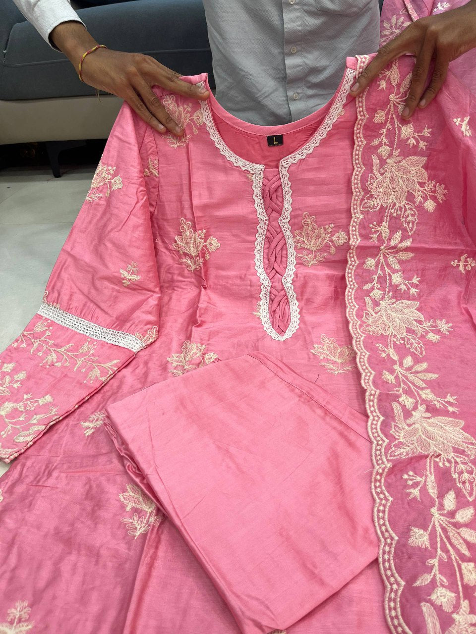 Pink Embroidered Mal Chanderi Kurti Set