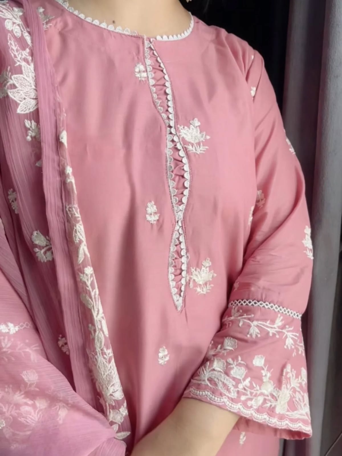 Pink Embroidered Mal Chanderi Kurti Set