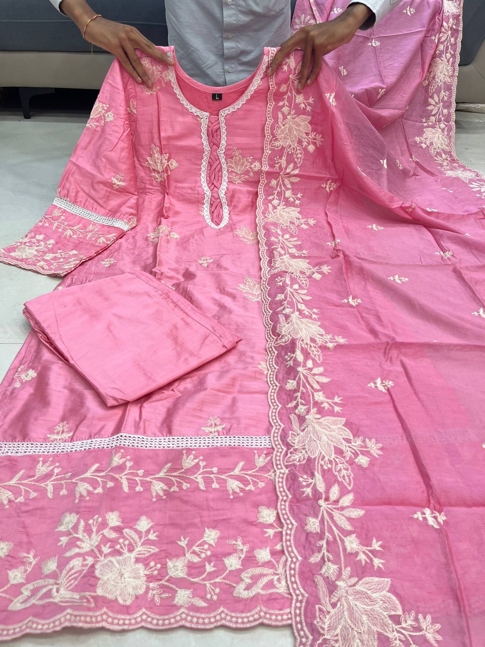 Pink Embroidered Mal Chanderi Kurti Set