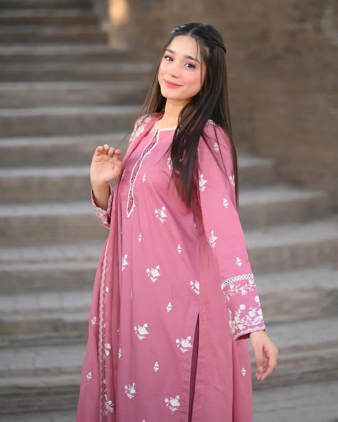 Pink Embroidered Mal Chanderi Kurti Set