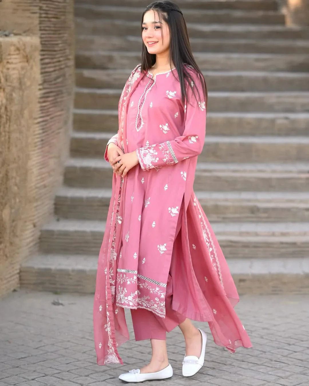 Pink Embroidered Mal Chanderi Kurti Set