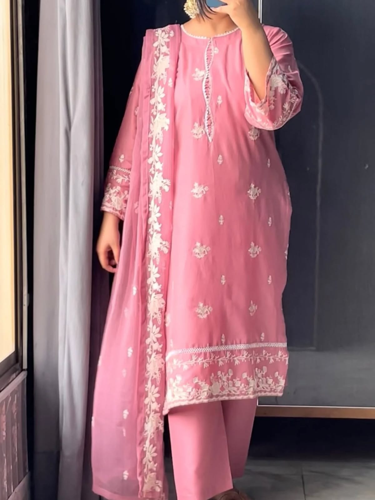Pink Embroidered Mal Chanderi Kurti Set