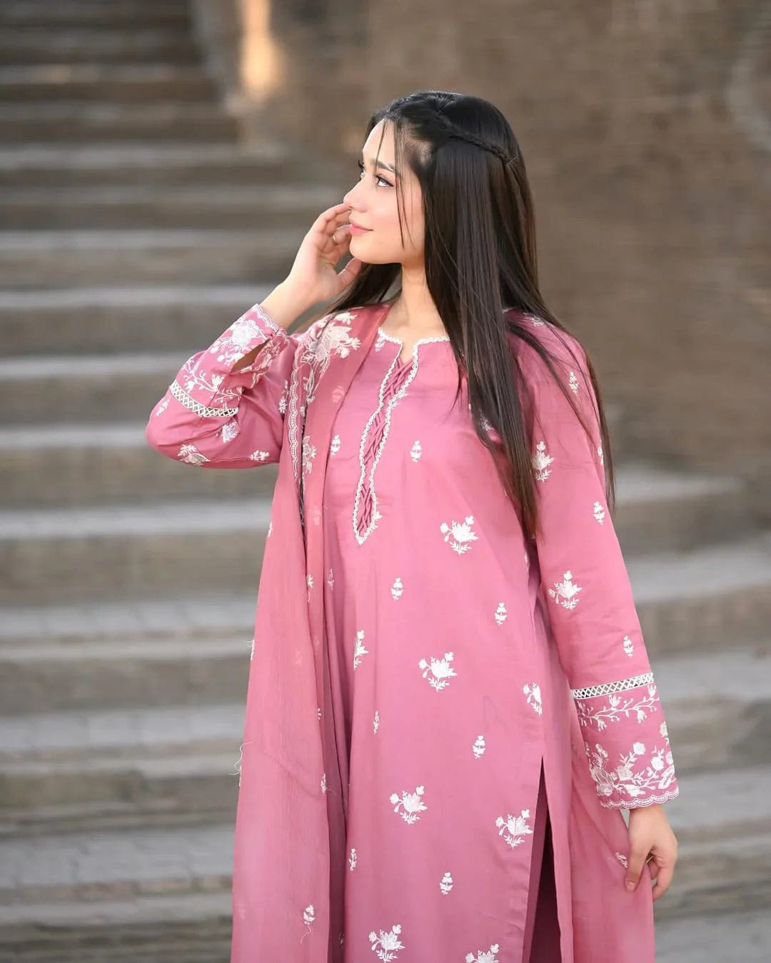 Pink Embroidered Mal Chanderi Kurti Set