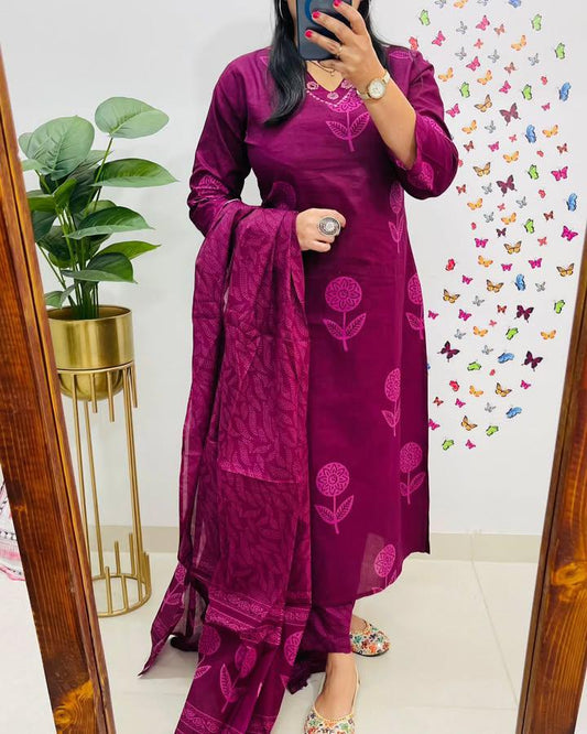Pure Cotton Embroidery Kurti - with Cottan Pant & Dupatta