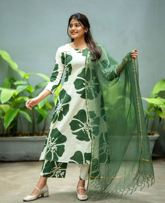 Printed Anarkali Kurti Set with Pant & Kotadoriya Dupatta