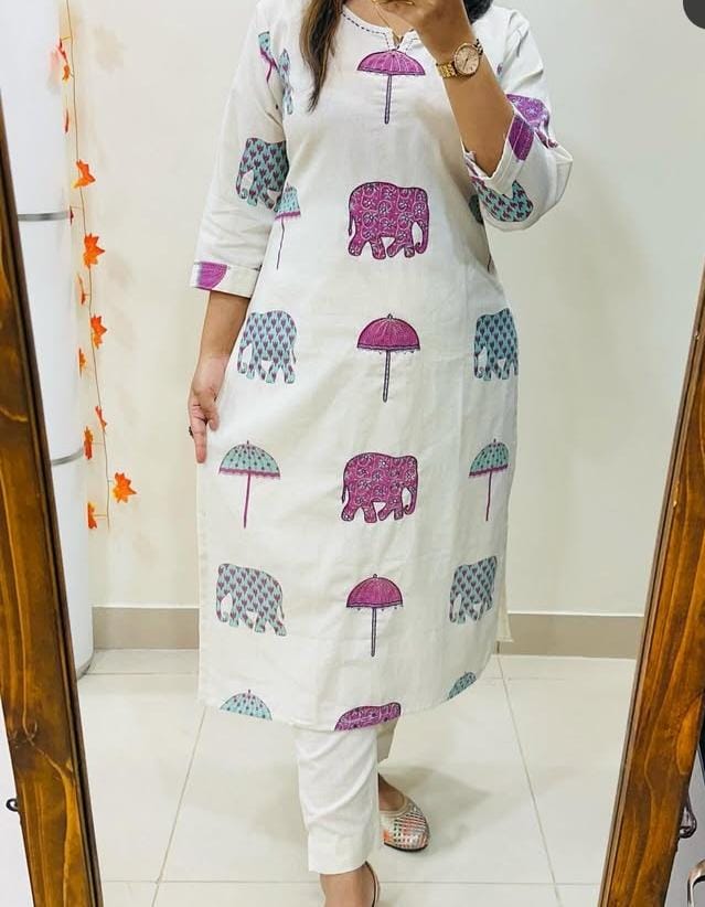 Ivory Cotton Kurti with Hand Block-Inspired Prints