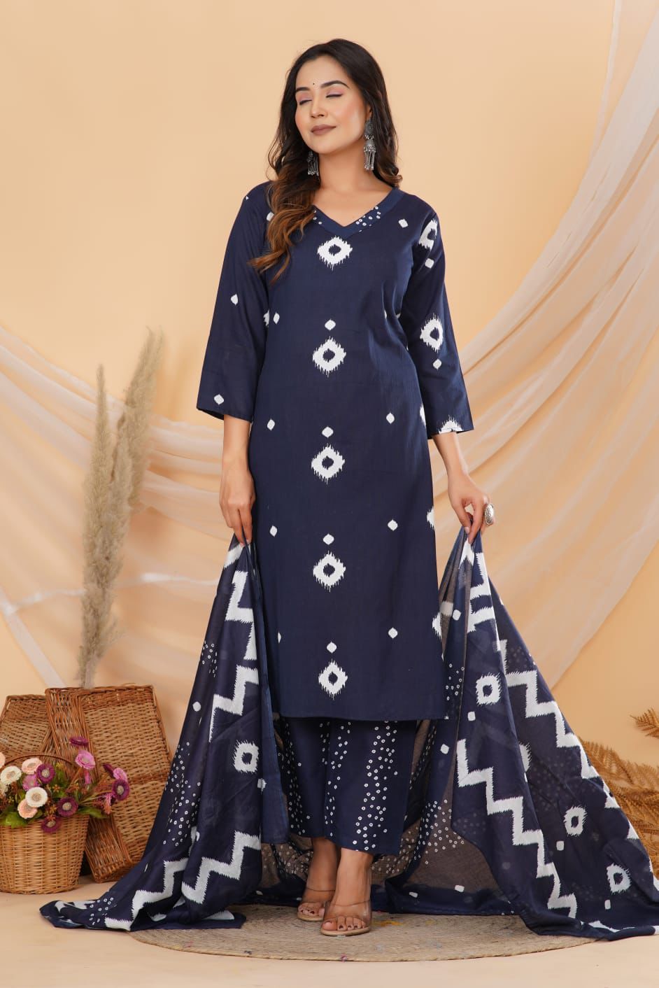 Navy Blue Printed Cotton Suit Set