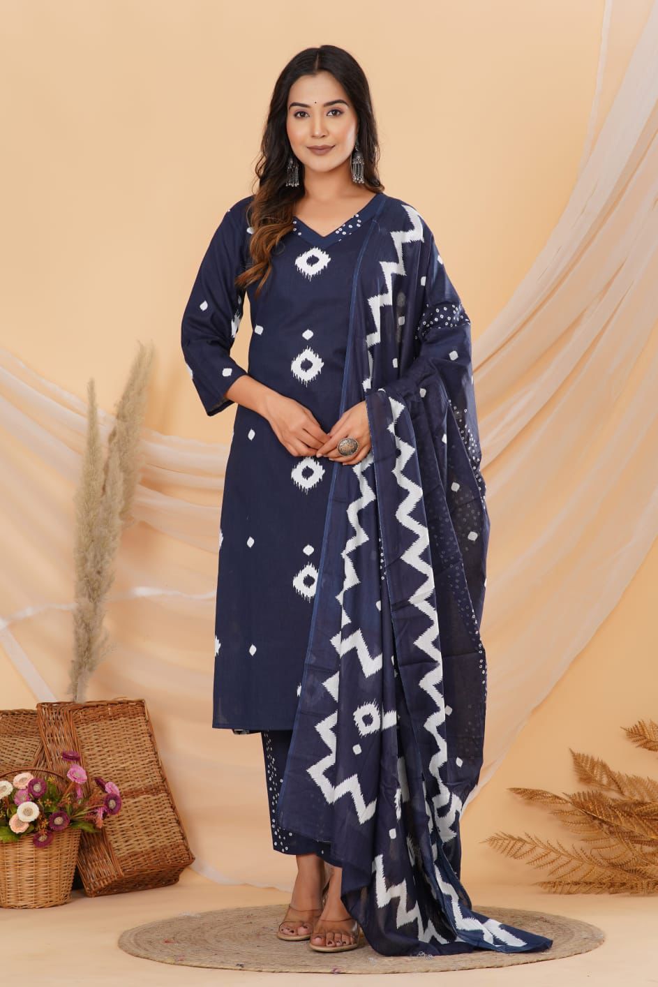 Navy Blue Printed Cotton Suit Set
