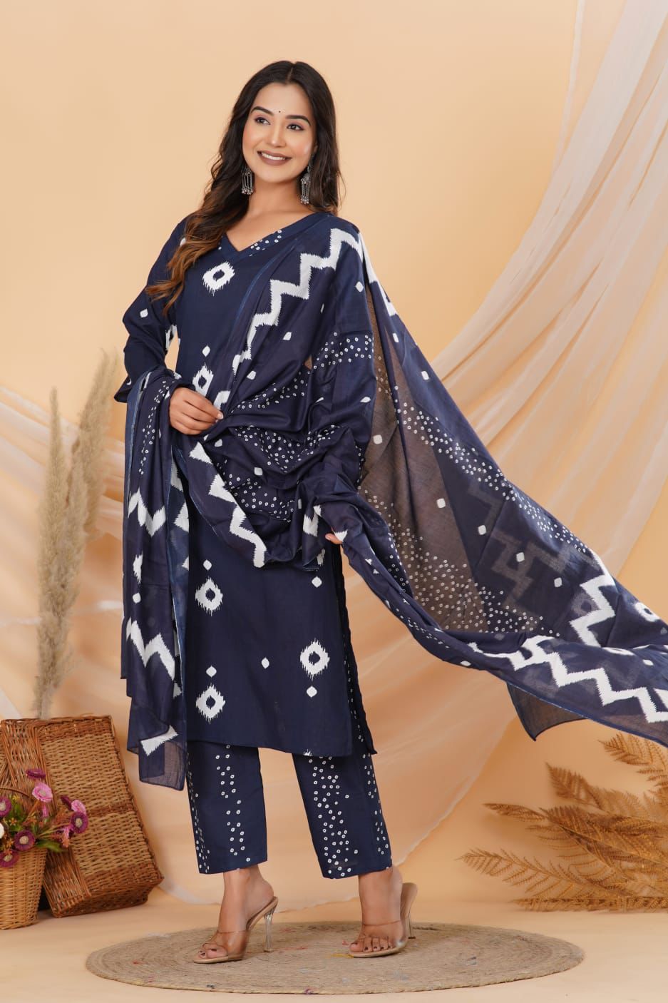 Navy Blue Printed Cotton Suit Set