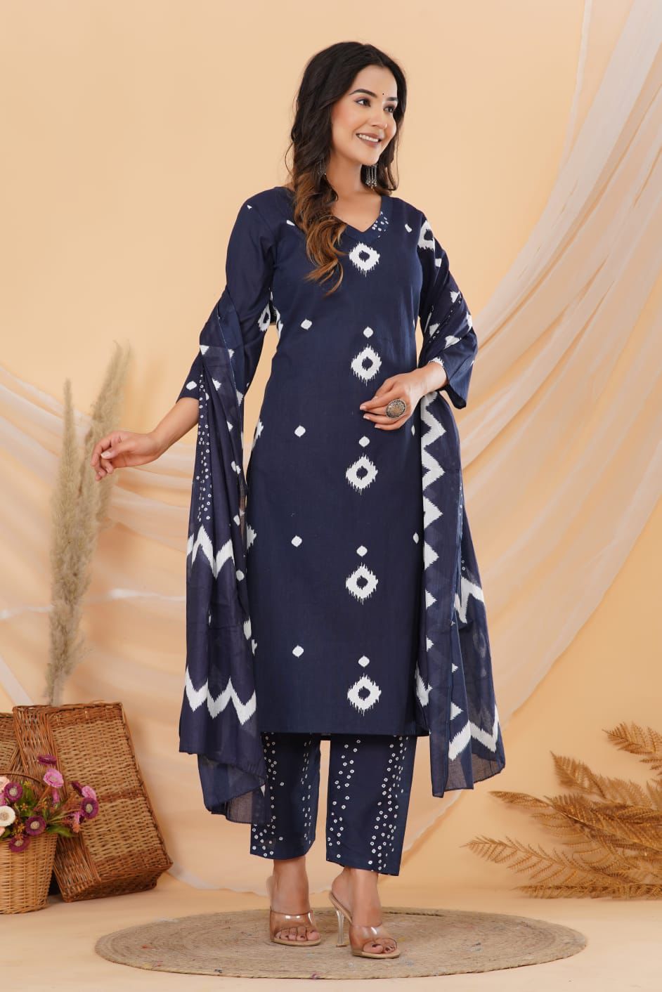 Navy Blue Printed Cotton Suit Set