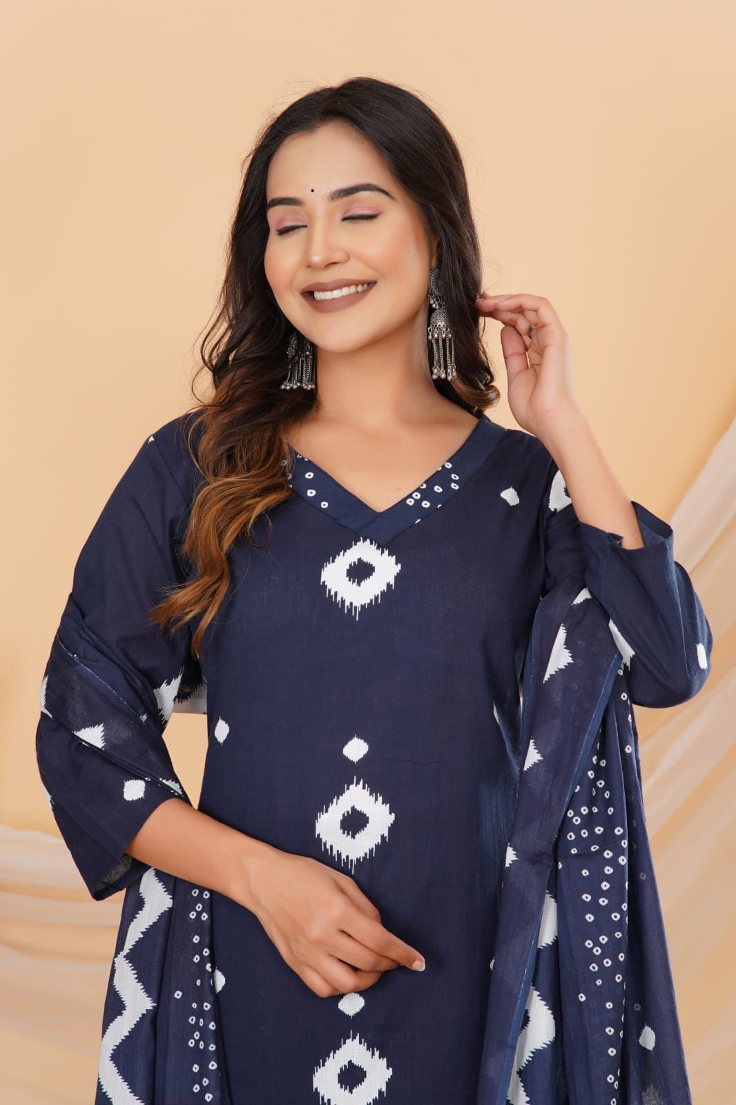 Navy Blue Printed Cotton Suit Set