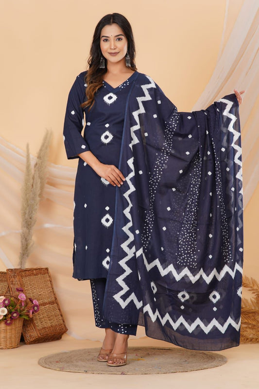 Navy Blue Printed Cotton Suit Set