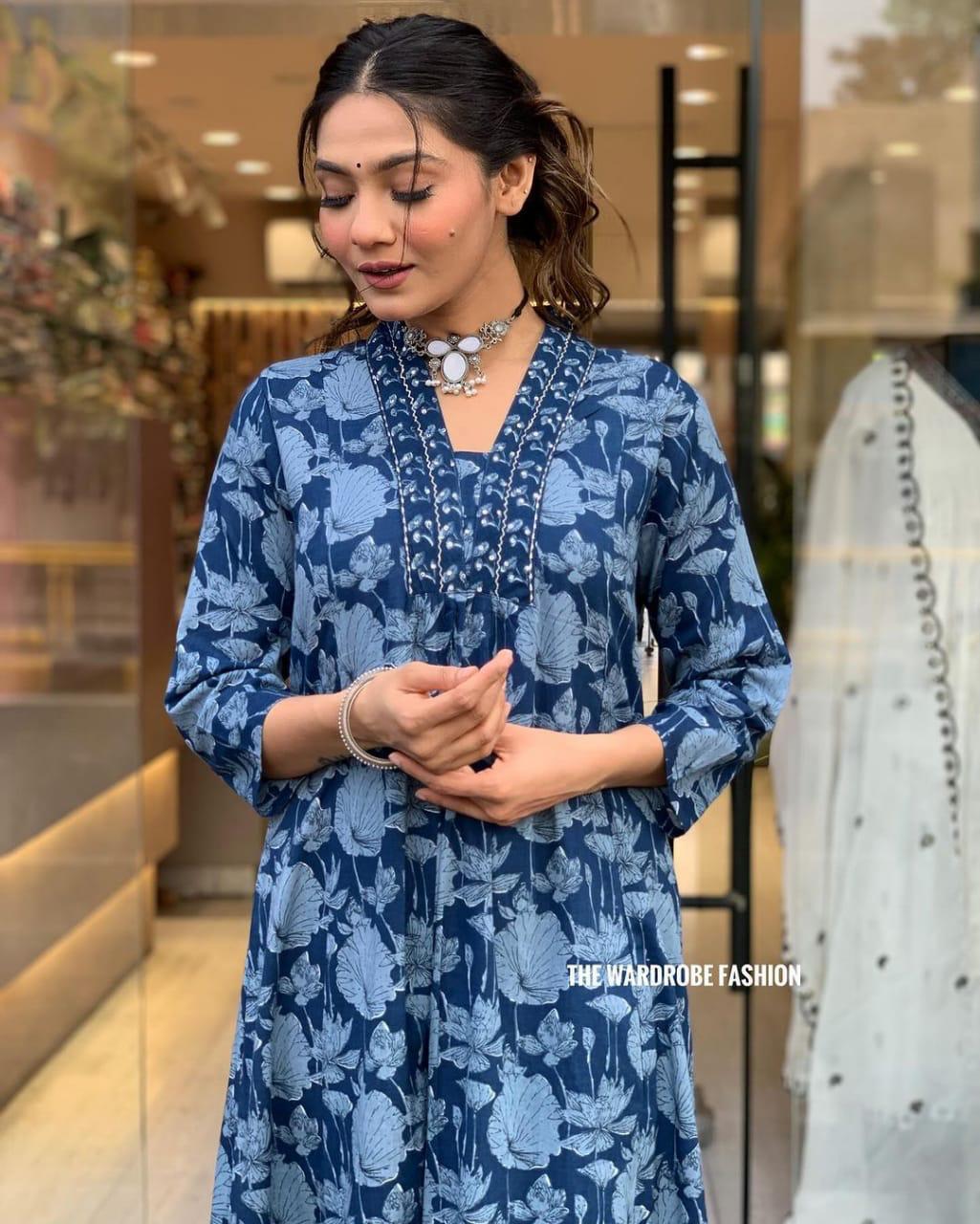 Elegant Indigo Charm - Handcrafted Block Print Kurti Set