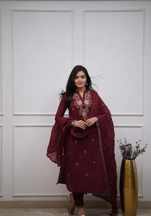 Elegance in Every Thread – Maroon Embroidered Kurti Set