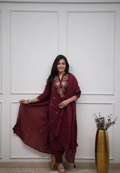 Elegance in Every Thread – Maroon Embroidered Kurti Set