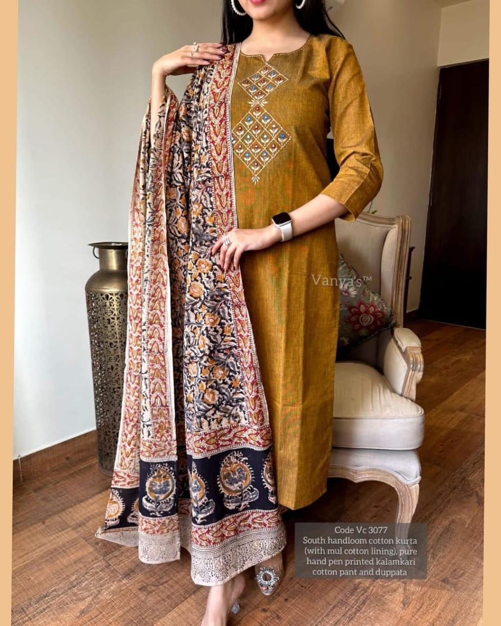 South Handloom Cotton Kurta Set – Kalamkari Dupatta Edition