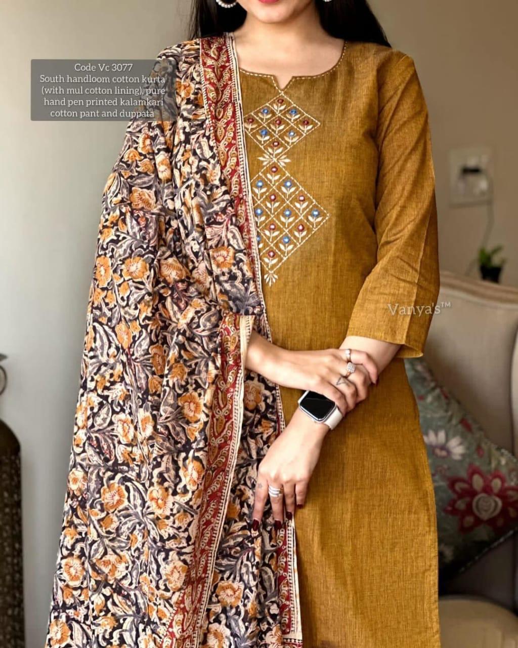 South Handloom Cotton Kurta Set – Kalamkari Dupatta Edition