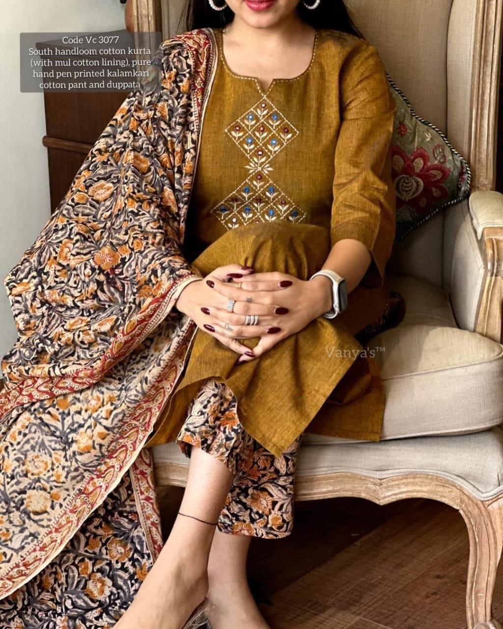 South Handloom Cotton Kurta Set – Kalamkari Dupatta Edition