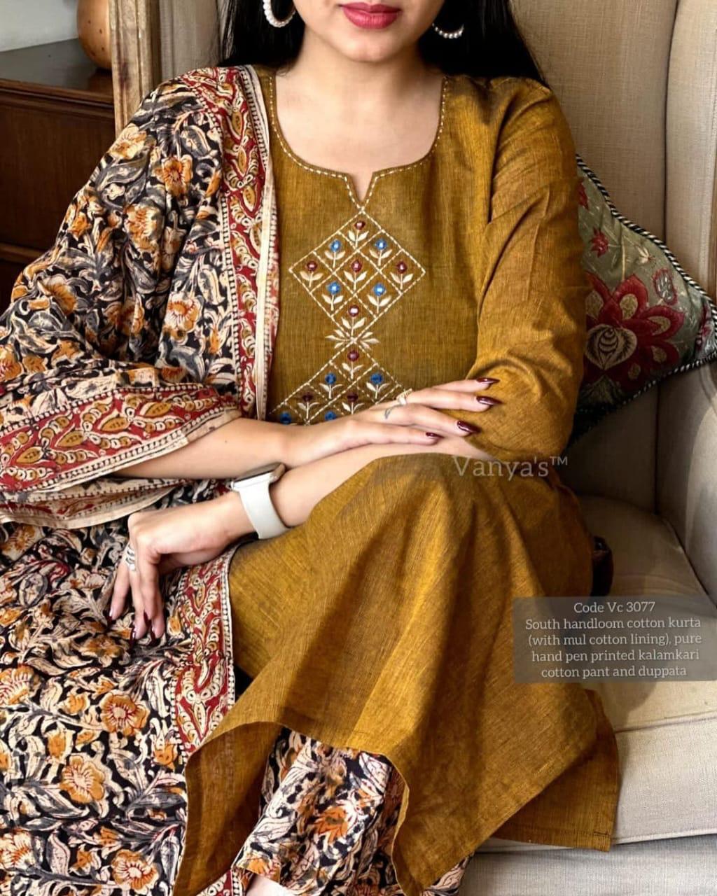 South Handloom Cotton Kurta Set – Kalamkari Dupatta Edition